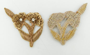 Hand Embroidered Floral Applique Antique Gold With Bullion Wire Zardozi Embroidery Motif, 3 pcs